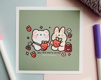 Kunstprint schattige beer en konijn | Schattige dierenkunstprints | Schattige kunstafdrukken | Kawaii kunstafdrukken | Kunstafdruk aardbei