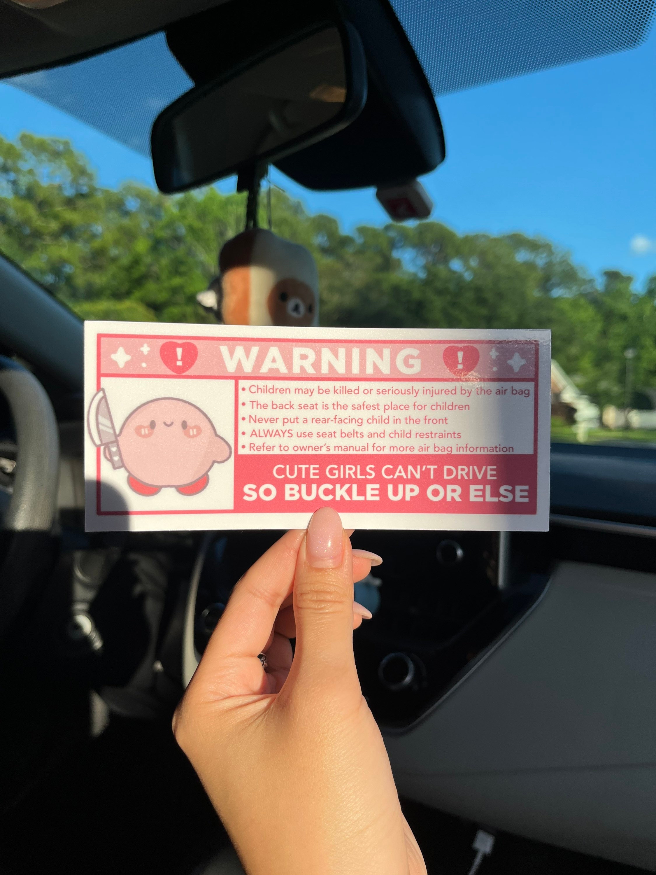 Kawaii Warning Sticker | Pastel Pink Car Airbag Decal (water