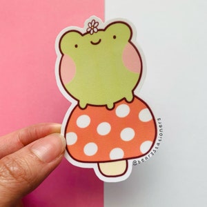 Cute frog on mushroom | vinyl sticker for laptop, water bottle, notebook