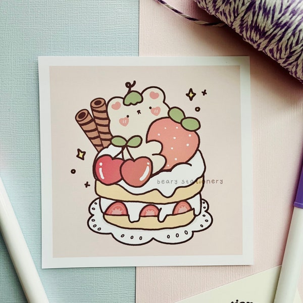 Cute Bear Cake Art Print | Cute Food Art Prints | Cute Food Art Prints | Kawaii Food Prints | Strawberry Print