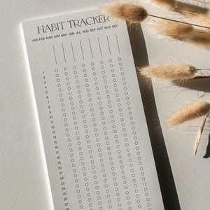 Könnte beinhalten: Ein rechteckiger Gewohnheits-Tracker-Block aus weißem Papier mit schwarzem Text. Die Überschrift lautet HABIT TRACKER, gefolgt von den Monaten JAN bis DEC. Darunter befinden sich vertikale Spalten mit leeren Kreisen und den Zahlen 1 bis 31.