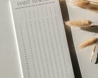 Puede incluir: Un bloc de notas rectangular para seguimiento de hábitos en papel blanco con texto negro. El encabezado dice HABIT TRACKER, seguido de los meses de JAN a DEC. Debajo hay columnas verticales de círculos vacíos y los números del 1 al 31.