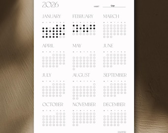 Habit Tracker Anual Mensual 2026 Imprimible / Rastreador Hábitos Minimalista / Plantilla Seguimiento Objetivos / A4 y A3 / Descarga Digital