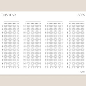 Puede incluir: Una p&aacute;gina de planificador minimalista con el texto "THIS YEAR" y "2026". La p&aacute;gina est&aacute; dividida en cuatro secciones con c&iacute;rculos numerados para cada mes, dise&ntilde;ada para el seguimiento y la organizaci&oacute;n.