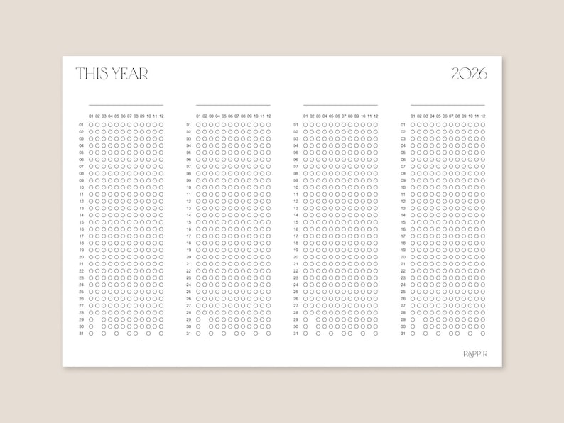 Puede incluir: Una p&aacute;gina de planificador minimalista con el texto "THIS YEAR" y "2026". La p&aacute;gina est&aacute; dividida en cuatro secciones con c&iacute;rculos numerados para cada mes, dise&ntilde;ada para el seguimiento y la organizaci&oacute;n.