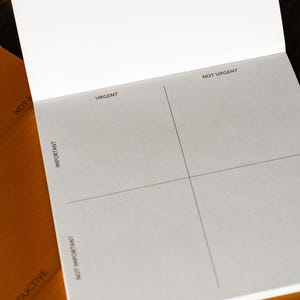 Puede incluir: Un bloc de notas blanco con una cuadrícula para la priorización de tareas. Las palabras "URGENTE", "NO URGENTE", "IMPORTANTE" y "NO IMPORTANTE" están impresas en la página. El bloc de notas está abierto, revelando las páginas en blanco.