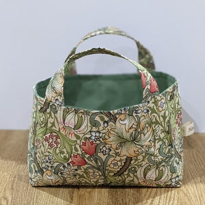 William Morris fabric 'golden lily' basket, handmade basket, basket with handles