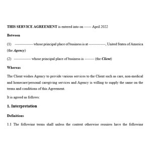 Editable Nursing Home Staffing Agency Agreement Template/ Homecare Agreement Contract Form/ Agency Employment Agreement/ Care Plan Template