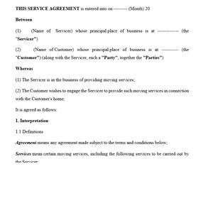 Könnte beinhalten: Ein Rechtsdokument mit dem Titel "This Service Agreement" wird am (Monat) 20 geschlossen. Das Dokument legt die Bedingungen zwischen einem Dienstleister und einem Kunden für Umzugsdienste fest.