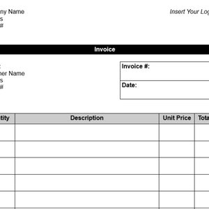 May include: A blank invoice template with fields for company name, address, phone number, email, customer name, address, phone number, invoice number, date, quantity, description, unit price, and total cost.