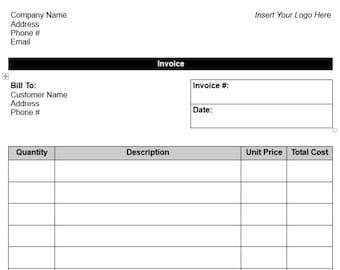 May include: A blank invoice template with fields for company name, address, phone number, email, customer name, address, phone number, invoice number, date, quantity, description, unit price, and total cost.