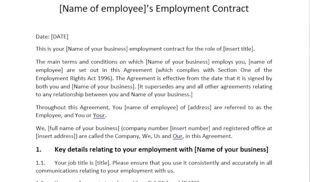 Employment Contract/ UK Contract of Employment for Work /business/ Job ...