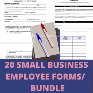 20 Fácil de editar Paquete de empleados / Formularios / Solicitud de empleo / Manual / Contrato / Terminación de contrato / Hoja de tiempo del empleado