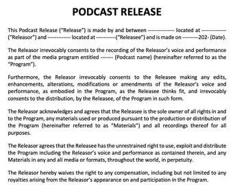 Può includere: Un documento intitolato "PODCAST RELEASE" (COMUNICATO PODCAST) con testo che descrive il consenso alla registrazione e alla distribuzione di un podcast. Il testo è nero su sfondo bianco.