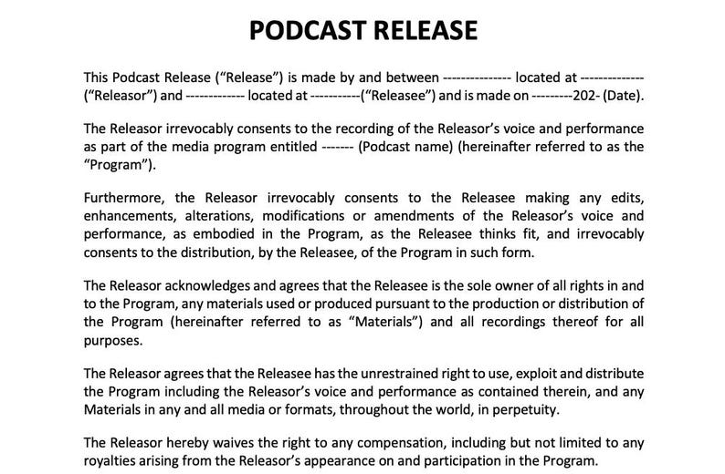 Podcast Release Agreement Template Guest Consent & Interview Form