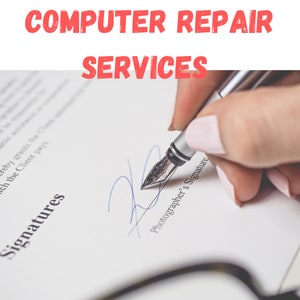 Pode incluir: Um close-up de uma mão assinando um documento com uma caneta-tinteiro. O documento tem o texto "Signatures" e "Photographer's Signature" impresso. O texto "COMPUTER REPAIR SERVICES" está impresso em vermelho no topo da imagem.
