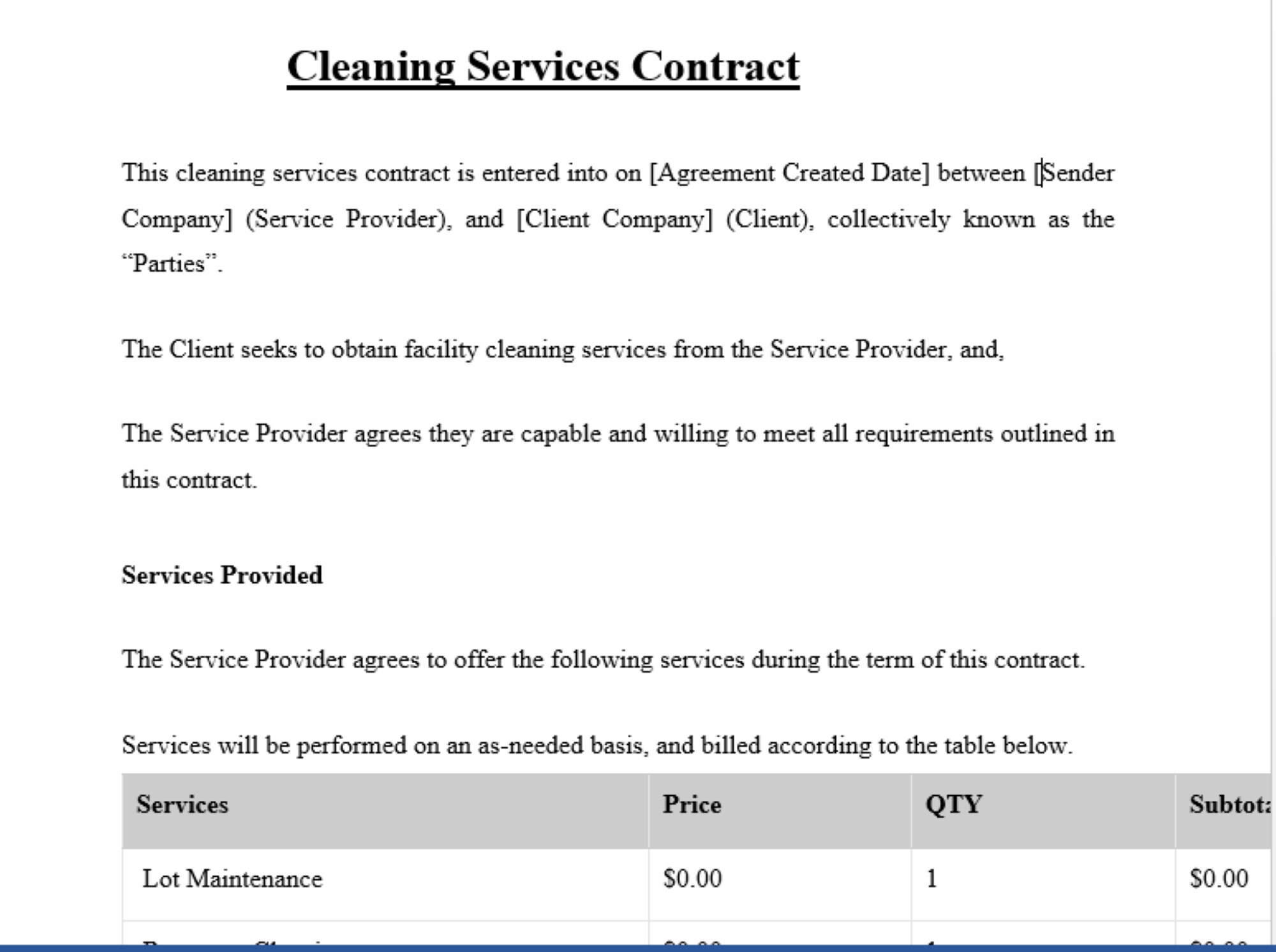 Cleaning Service Contract Template /client Agreement / House Cleaning
