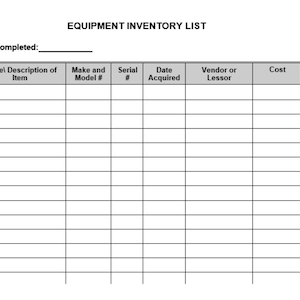 Easy to Edit Equipment inventory list / Inventory List Planner/ Inventory Tracker/ Inventory Log/ Product List Organizer