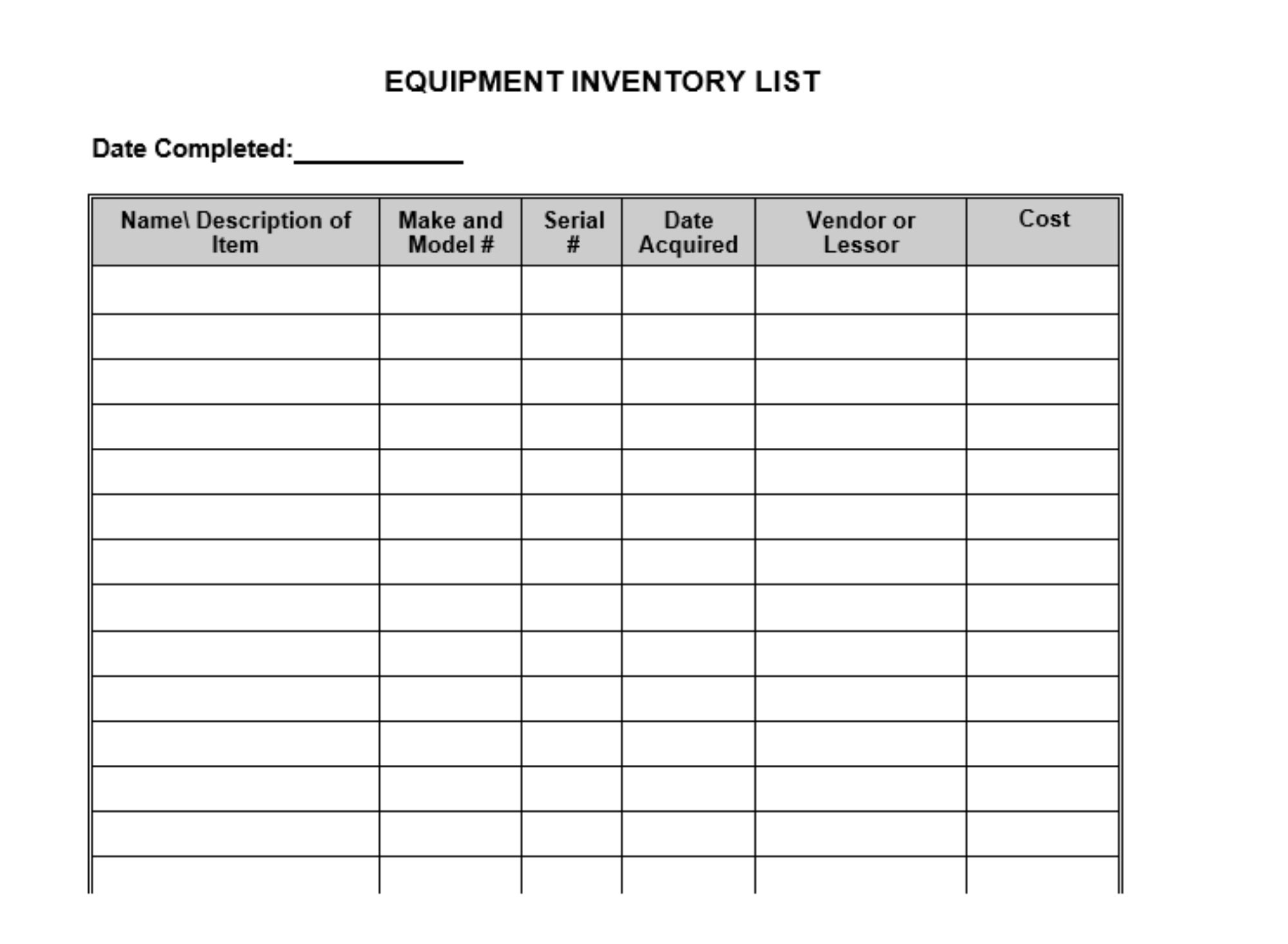 Easy to Edit Equipment Inventory List / Inventory List Planner