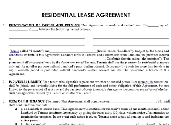 residential lease agreement editable rental agreement simple etsy