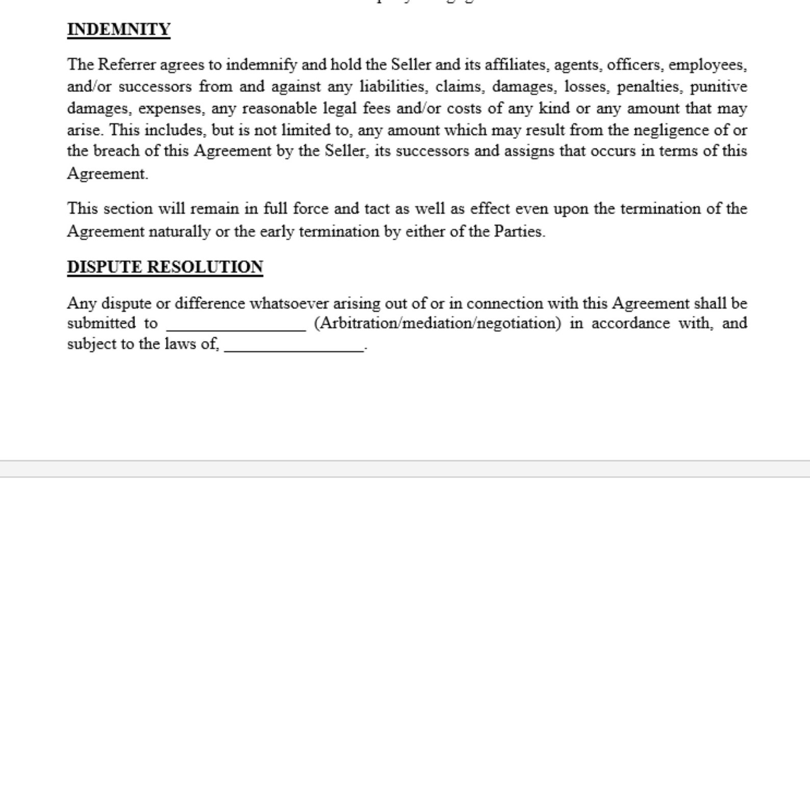 Referral Agreement Template in Favour of the Seller Business Contract