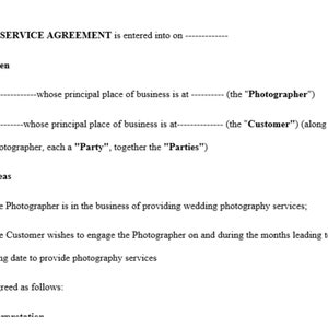 Photographer Service Agreement Template / Wedding Photography / Photo Agreement/Wedding Contract Template
