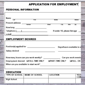 Application for Employment// Generic Small Business Employment Application/ Job Application Template/Editable Word Doc Form