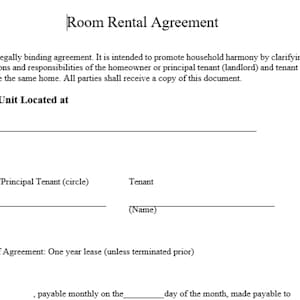 Room Rental Agreement/ Editable Rental Agreement/ Simple Lease Contract/ Rental Forms/ Landlord Forms/ Rental Contract