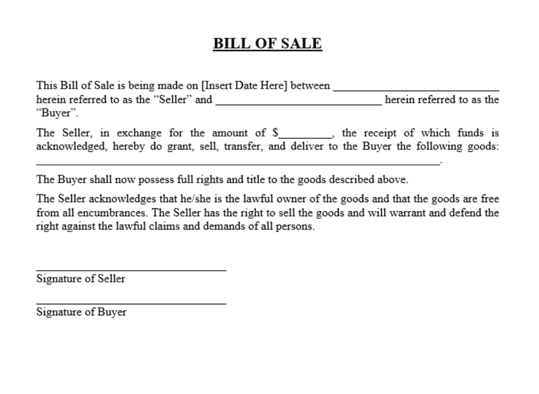 Bill Of Sale Bill Of Sale Template vehicle Bill Of Sale Etsy 