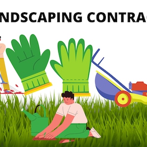 May include: A landscaping contract illustration with a person raking leaves, a person planting, a lawnmower, and two green gardening gloves.