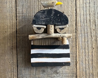 Salty Sailor Wood Folk Art Sculpture with Sea Bird Friend