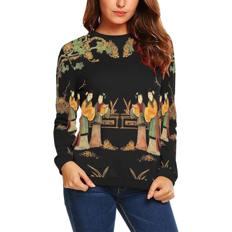 Women's Floral Sweatshirt Japanese Geisha Garden Long Sleeve Vintage Black Gold Rare Peacock Casual image 1