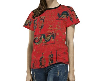 Women's Vintage Japanese T-Shirt Dragon Kanji Geisha Short Sleeve Summer Red with Black Collar Rare Elegant Peacock Casual