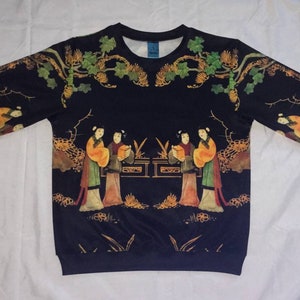 Women's Floral Sweatshirt Japanese Geisha Garden Long Sleeve Vintage Black Gold Rare Peacock Casual image 5