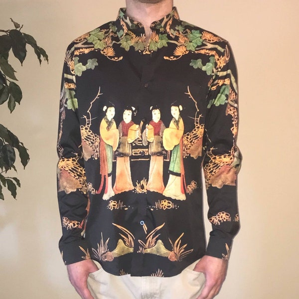 Men's Floral Button Down Shirt Long Sleeve Japanese Geisha Garden Vintage Black Gold Rare Peacock Casual