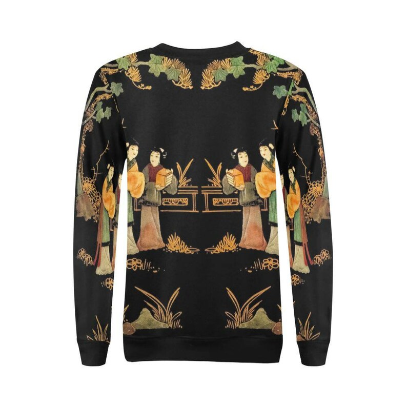 Women's Floral Sweatshirt Japanese Geisha Garden Long Sleeve Vintage Black Gold Rare Peacock Casual image 4