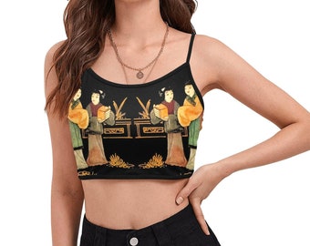 Women's Floral Spaghetti Strap Crop Top Japanese Geisha Garden Sexy Black Gold Rare Stylish Sleeveless Elegant Summer Vintage Peacock Casual