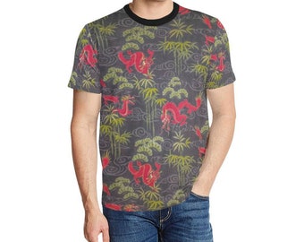 Men's Oriental T-Shirt Smokey Dragon Bamboo with Black Collar Elegant Stylish Short Sleeve Cool Summer Vintage Floral Rare Peacock Casual