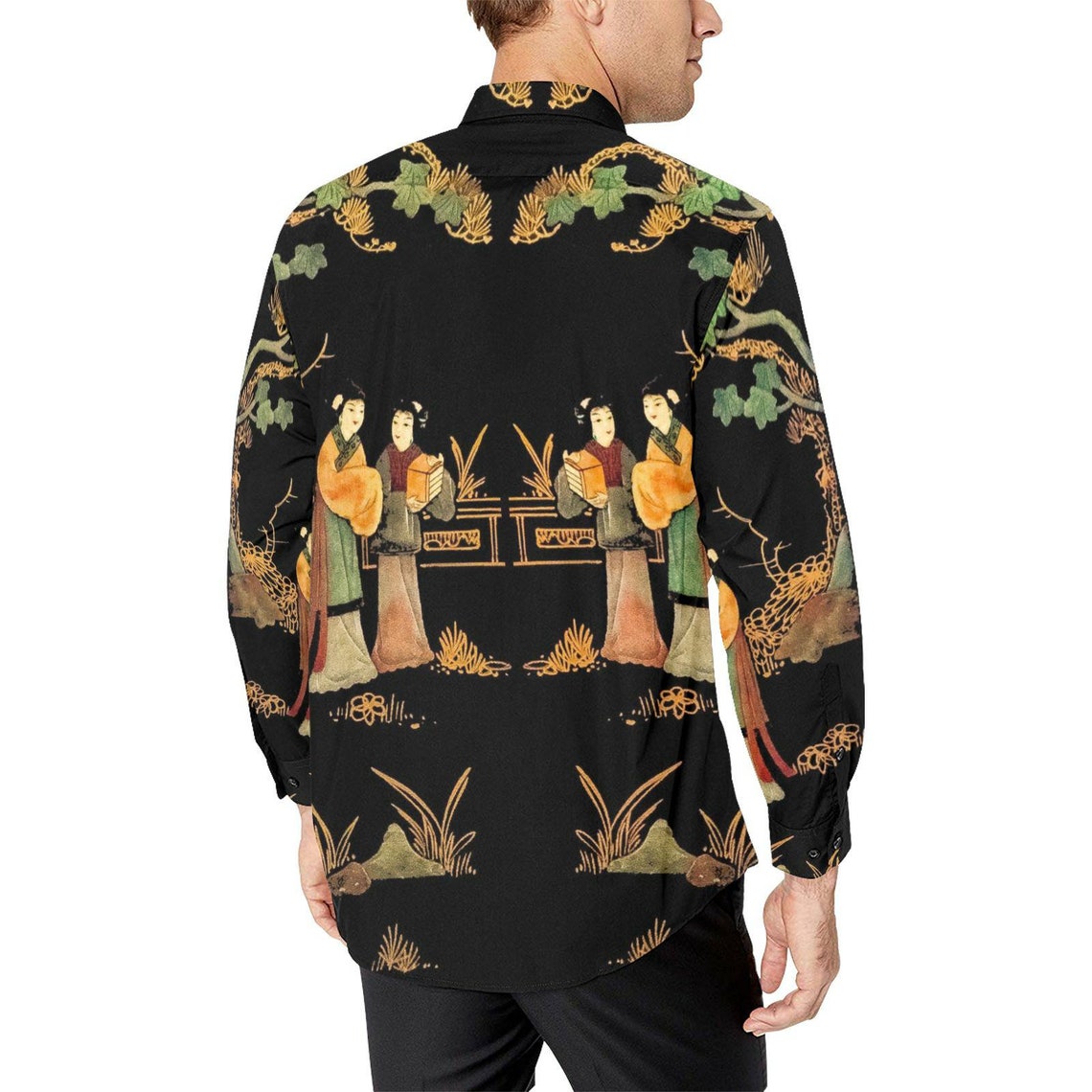 Buy Men's Floral Button Down Shirt Long Sleeve Japanese Geisha Garden ...