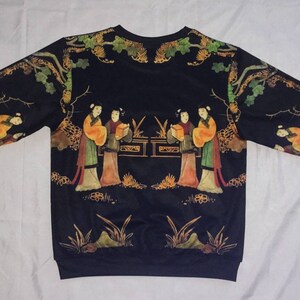 Women's Floral Sweatshirt Japanese Geisha Garden Long Sleeve Vintage Black Gold Rare Peacock Casual image 6