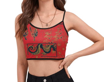 Women's Oriental Spaghetti Strap Crip Top Dragon Kanji Geisha Sexy Sleeveless Summer Vintage Red with Black Trim Rare Elegant Peacock Casual