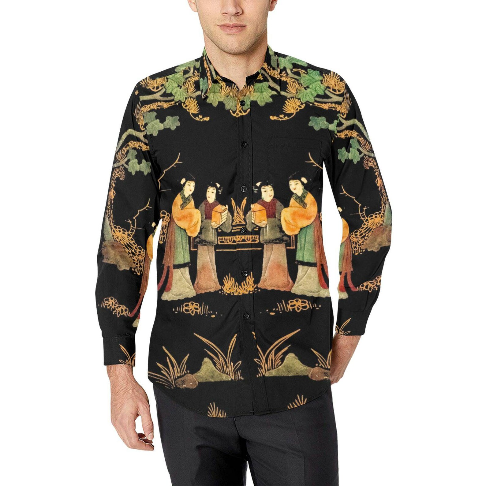 Buy Men's Floral Button Down Shirt Long Sleeve Japanese Geisha Online