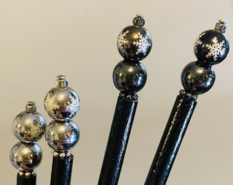 Pair of Black Painted Hair Sticks with Glass Snowflake and Genuine Silver Hematite Stone Beads