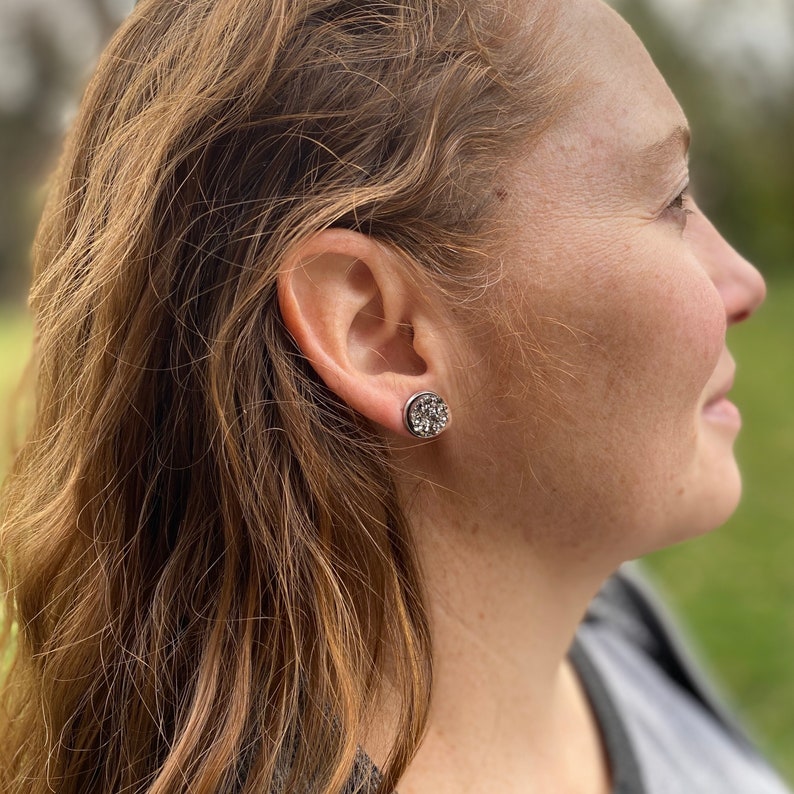 Silver Druzy Stone Stud Earrings