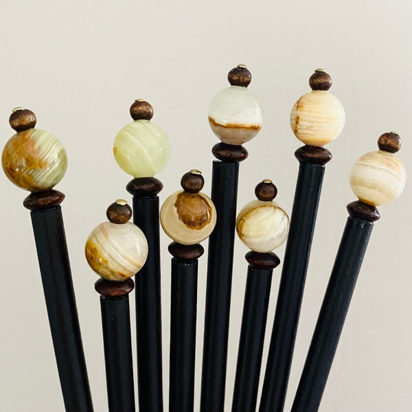 Pair of Genuine Jade and Wood Bead Hair Sticks