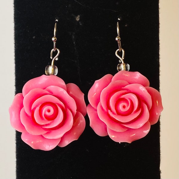Large Rose Drop Earrings in Red, Pink or Coral