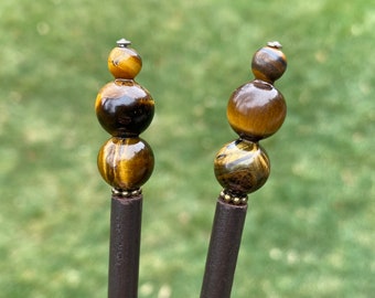 Pair of Genuine Tiger Eye Bead Hair Sticks