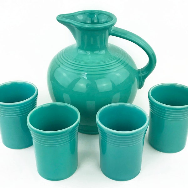 Fiesta Turquoise Open Water Carafe Pitcher & 60th Anniversary Tumblers - Homer Laughlin HLC Fiestaware