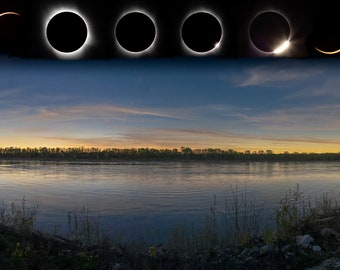 2024-Great American Solar Eclipse - composite photograph with Mississippi River, sky and six totality eclipse segments superimposed together
