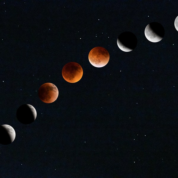 Total Lunar Eclipse Super Flower Blood Moon Eclipse Sequence superimposed over the night sky - Blood Moon - Celestial event May, 2022